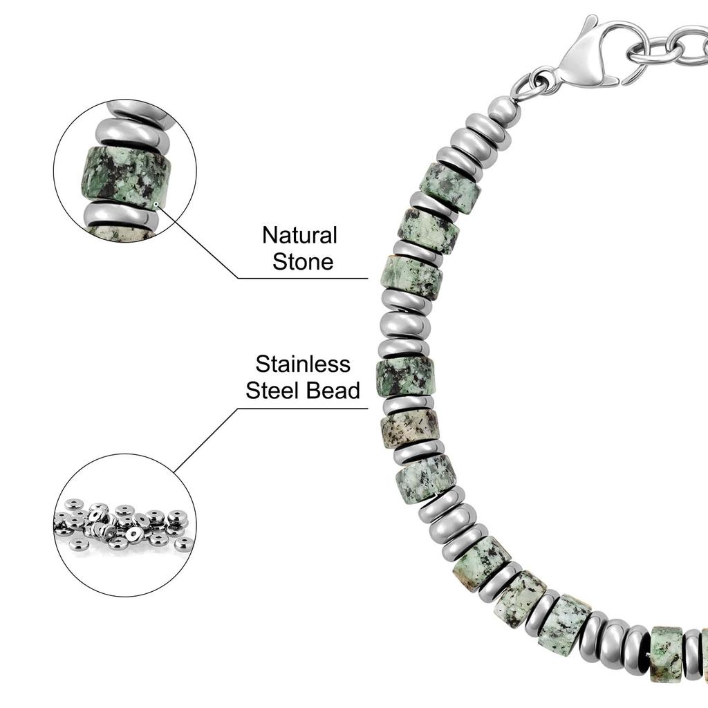 Bohemian chain bracelet, natural stone flat bead stainless steel chain, holiday gift, obsidian chain bracelet.