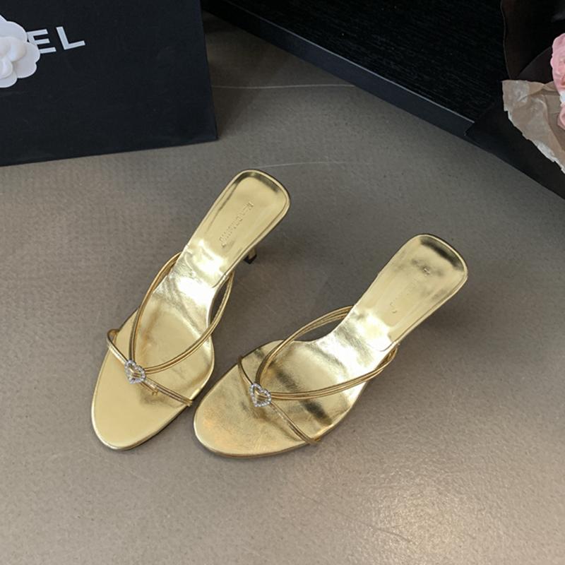 

Fashion SUOJIALUN 2025 Summer New Women Slipper Fashion Narrow Band Ladies Elegant Sandal Shoes Thin High Heel Dress Slip On Flip Flop 35 золотой