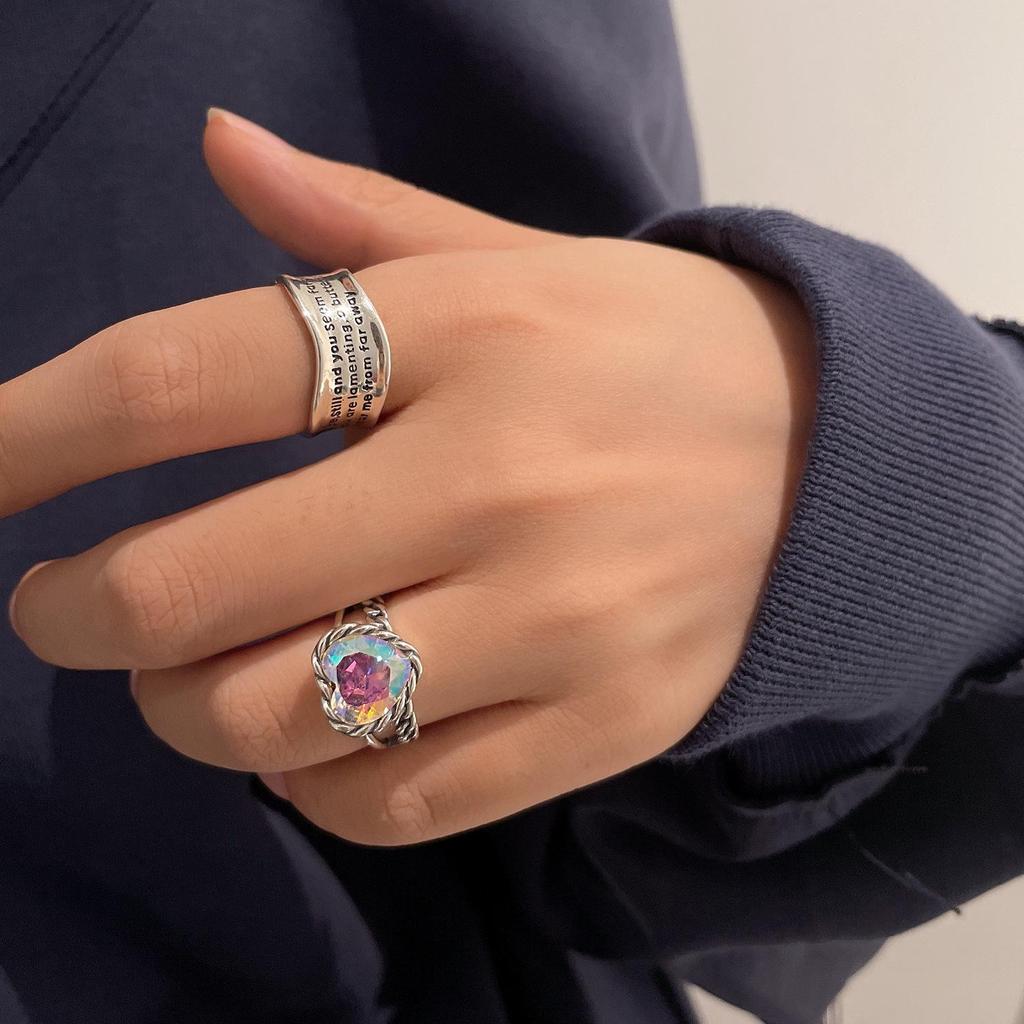 Korean-Japanese Vintage Iridescent Zircon Heart & Wave Adjustable Ring for Women