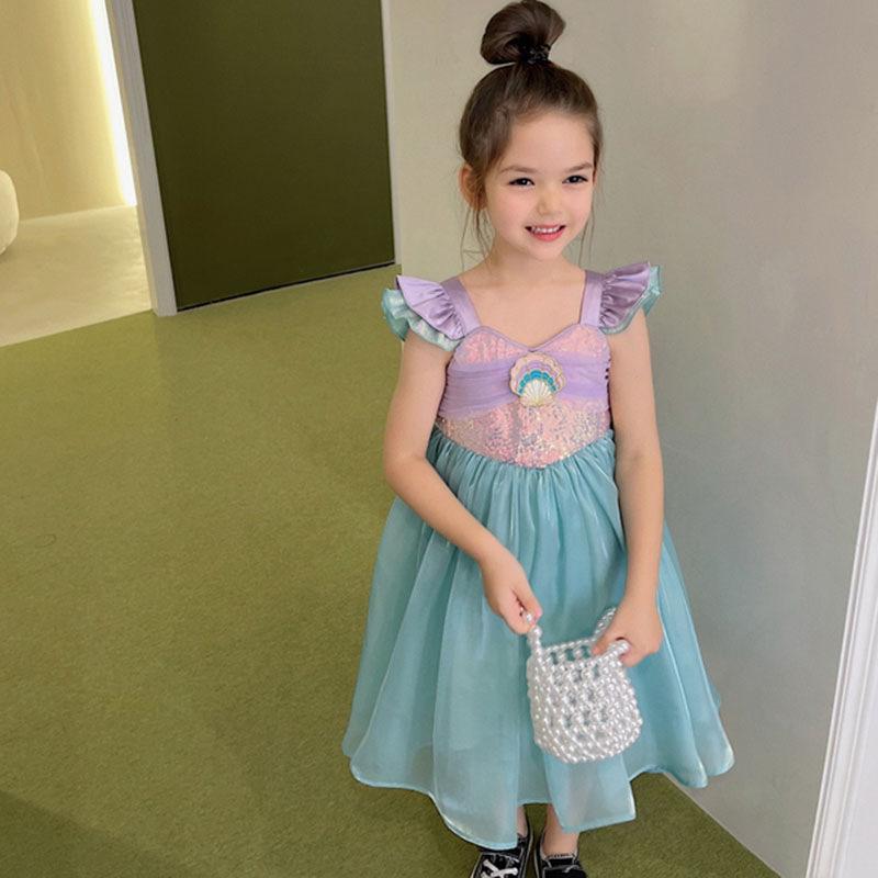 Mädchen 2025 Sommer Meerjungfrau Westenkleid - Kurzarm Prinzessinkostüm