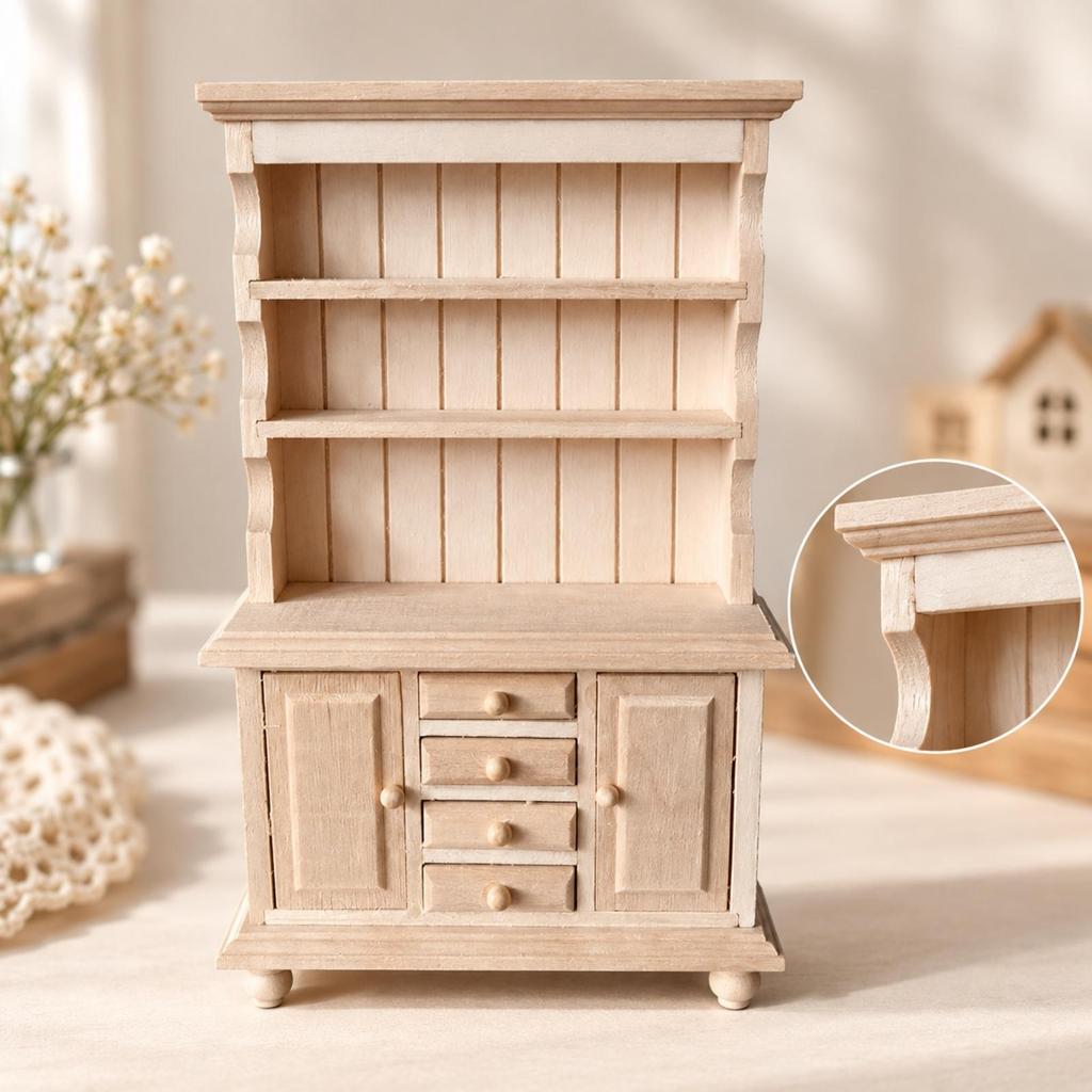 1:12 Scale Wooden Dollhouse Cabinet Detailed Miniature Display with Shelves and Drawers