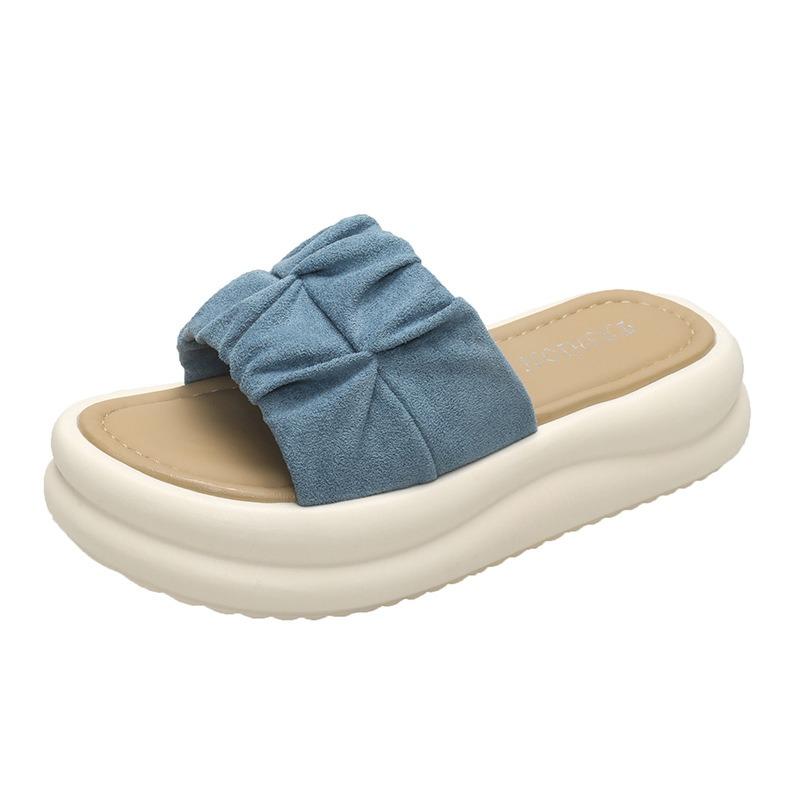 

Thick-soled slippers women s summer new high-end pleated one-word drag wear open-toed casual beach cool slippers 40 синій