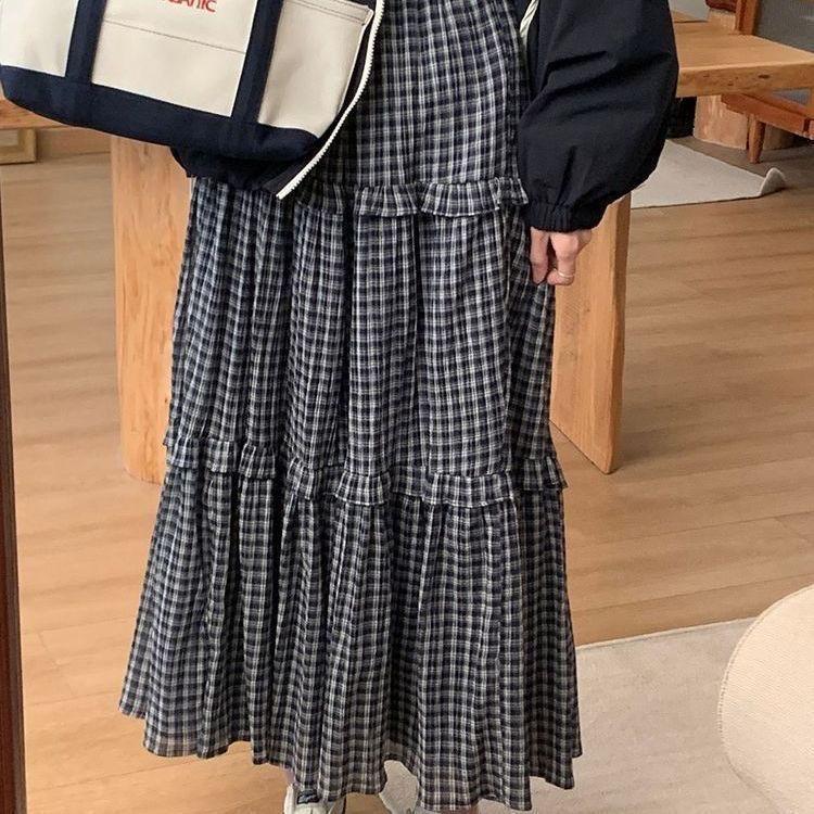 

Юбка в стиле ретро в стиле «розовый торт» в клетку, женская длинная юбка на весну, симпатичная юбка на весну и лето S