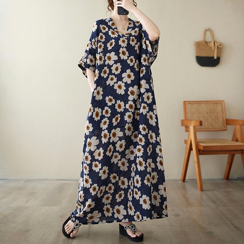 DIMANAF 2024 Plus Size Dress Women Summer V-Neck Sundress Bohemian Floral Print Loose Big Oversize Maxi Dress 9048