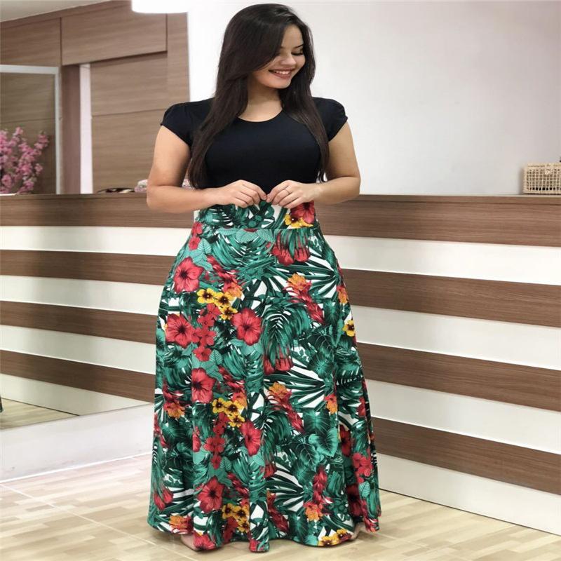 Flower print color matching short-sleeved large-size dress for women