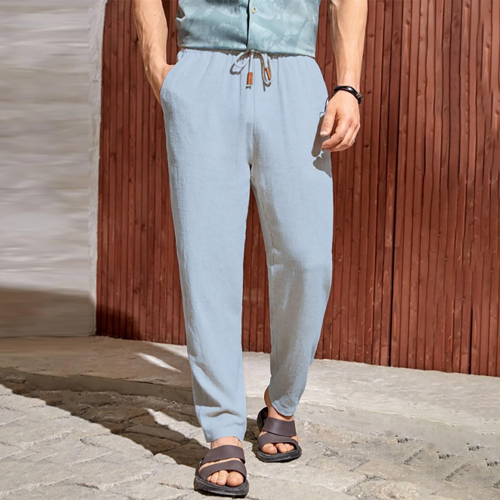 Новые европейские и американские мужские повседневные брюки из хлопка и льна с завязками — фото 10