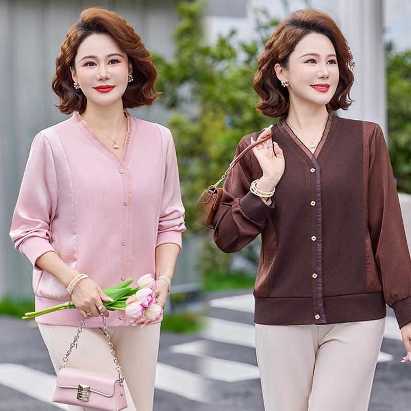 Spring 2026 Solid Color Long Sleeve Thin Base Layer Top for Middle-aged Women