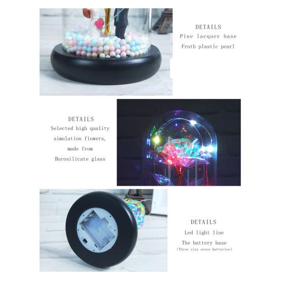 Rose Lamp Romantic Glass Dome Simulated Plastic Colorful LED Artificial Flower Decor for Valentine's Day