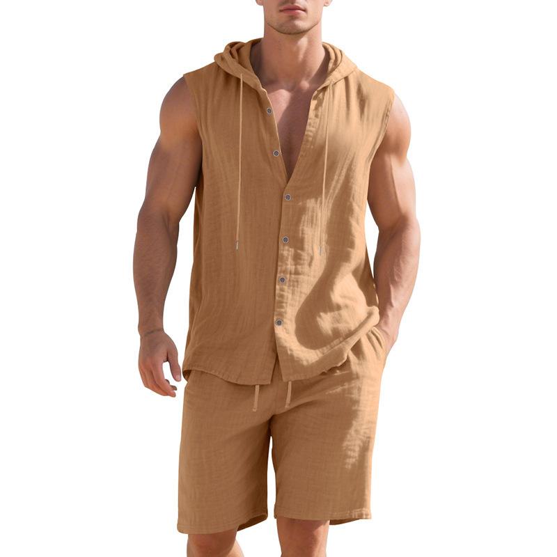 Mens Sleeveless Hooded Shirt And Shorts Casual Set