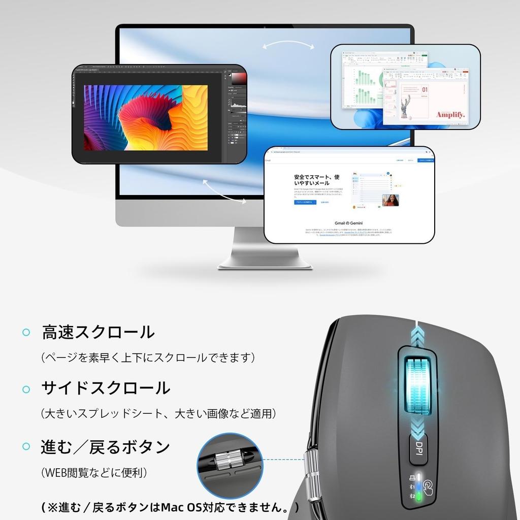 INFINMIND Wireless Bluetooth Mouse with DPI Fast OS Side Thumb Gray Mouse, Switching, Scrolling, Multi-Device & Compatible, Ergonomic, Silent,