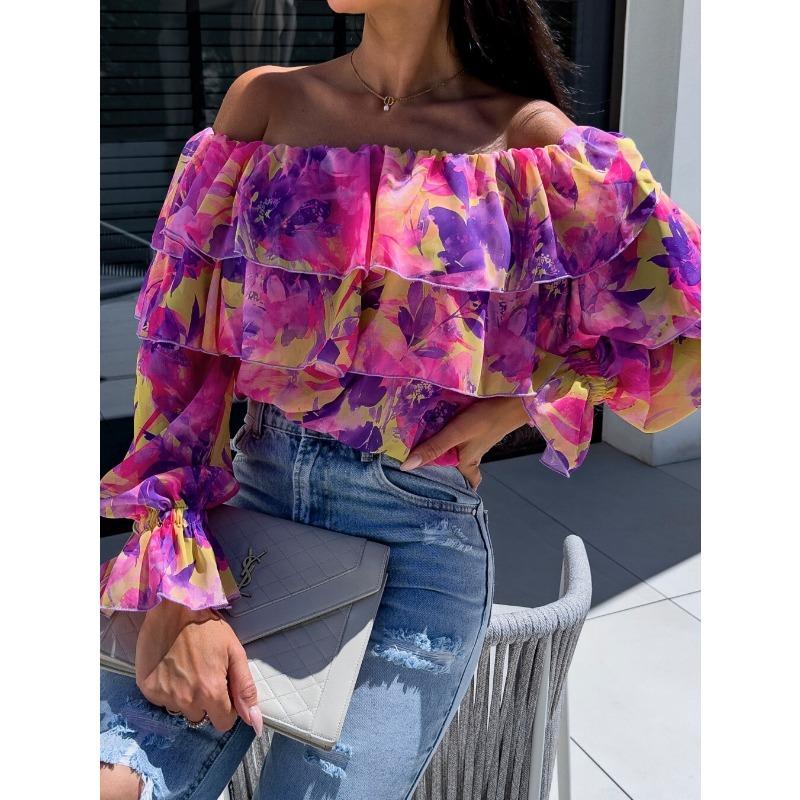New Spring Off-the-shoulder Floral Printed Layer Ruffled Women Blouse Sexy Long Sleeve One-word Collar Shirt Sweet Loose Casual Tops Clothing