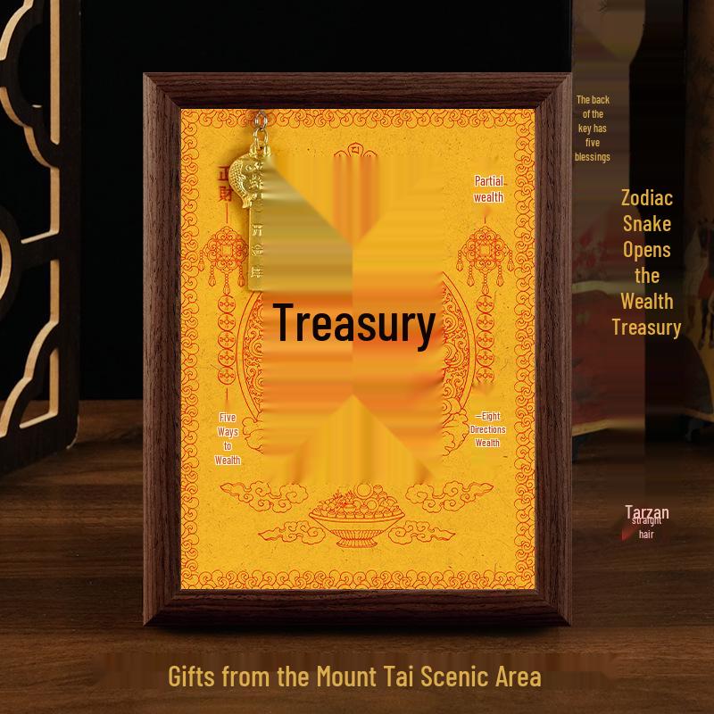 2025 Auspicious Open Wealth Photo Frame with Golden Key, Solid Wood Entrance Foyer, Zodiac Animals, Five Roads to Attract Wealth.