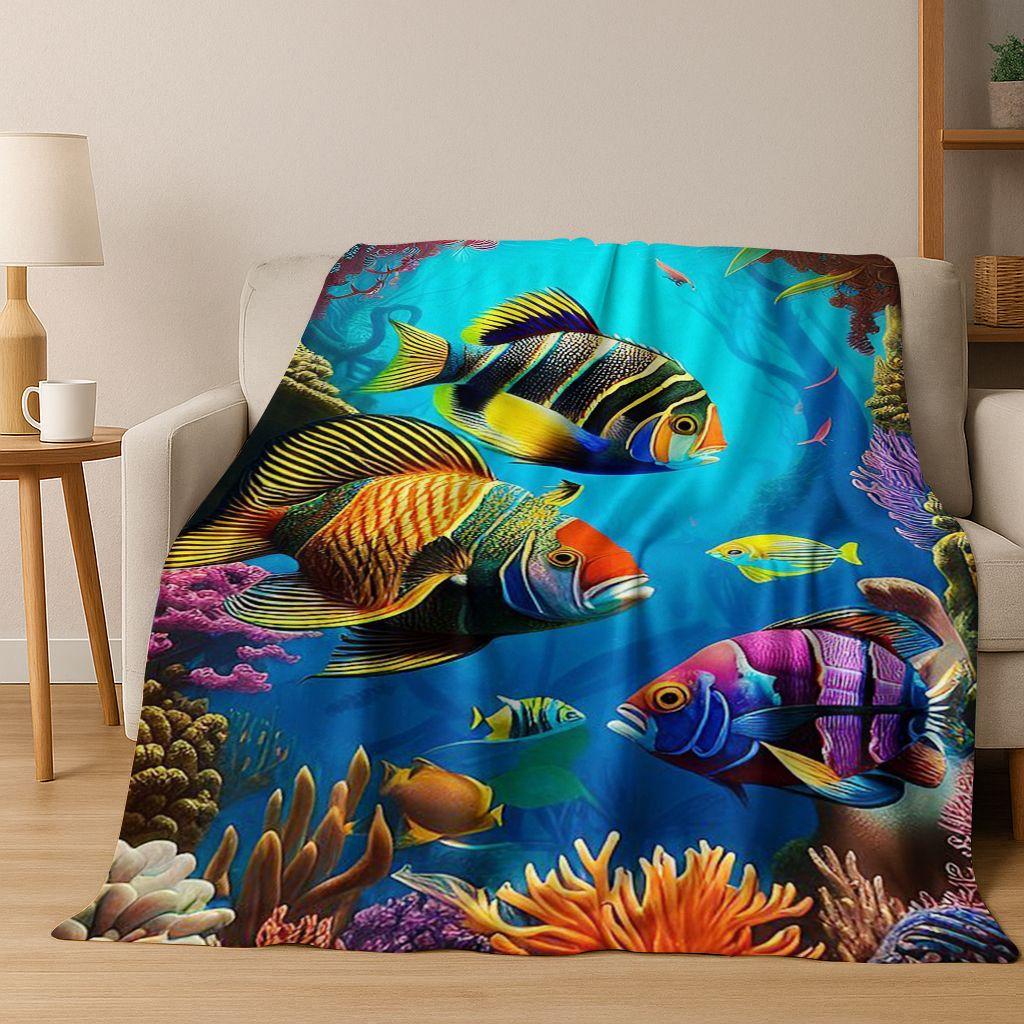 Dream Underwater World Sea Dolphin Turtle Coral Art Flannel Blanket,Cozy Soft Throw Blanket for Home Bedroom Bed Sofa Gift Kids