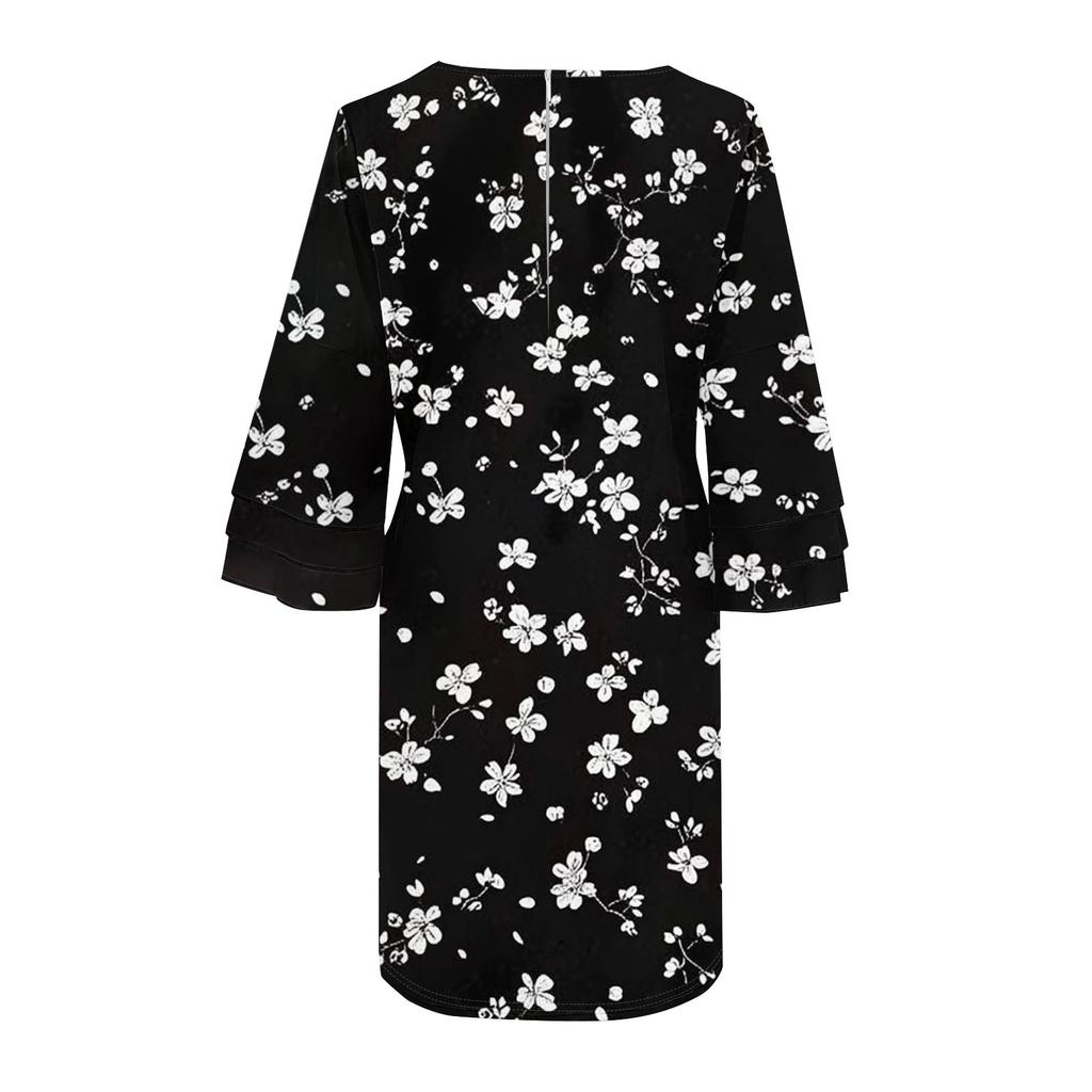 Women's Fashion V-neck Color Large Size Loose Long Large Swing 3/4 Sleeved Dress