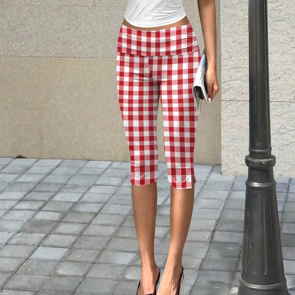 Damen Slim Fit Bedruckte Cropped Hose mit Knittertextur Dehnbarer Bund Lässige Sieben-Viertel-Hose für den Alltag