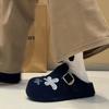French navy blue fluffy slippers flower beacon shoes women's 2025 autumn and winter new soft leather one pedal bag head half slippers