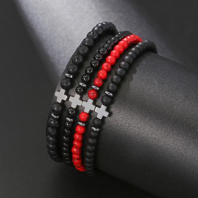Men's Black Gallstone Cross Bracelet 4mm Volcanic Stone Red Turquoise Bracelet Couple Gift Bracelet Bracelet