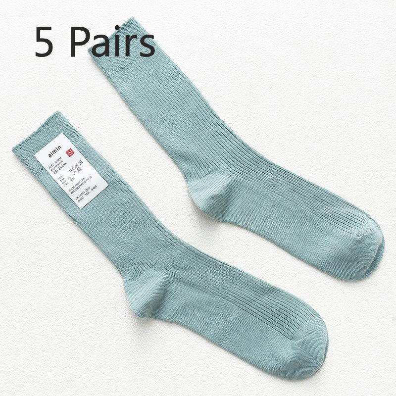 5 Pairs of Men's Retro Sweat-absorbing Vertical Striped Plain Color Cotton Mid Calf Socks