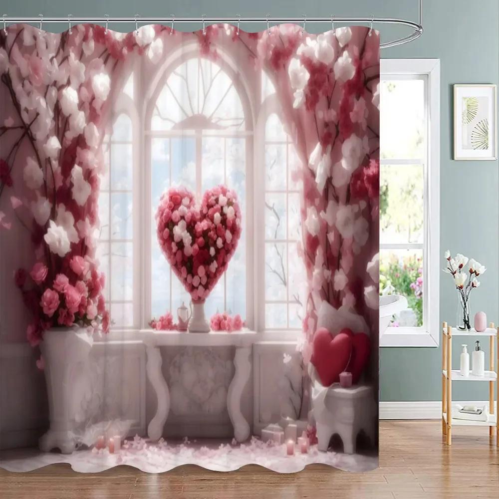 Valentine's Day Decoration Shower Curtain Holiday Gift Party Background Decoration Fabric Washable Shower Curtain Bathroom Decor