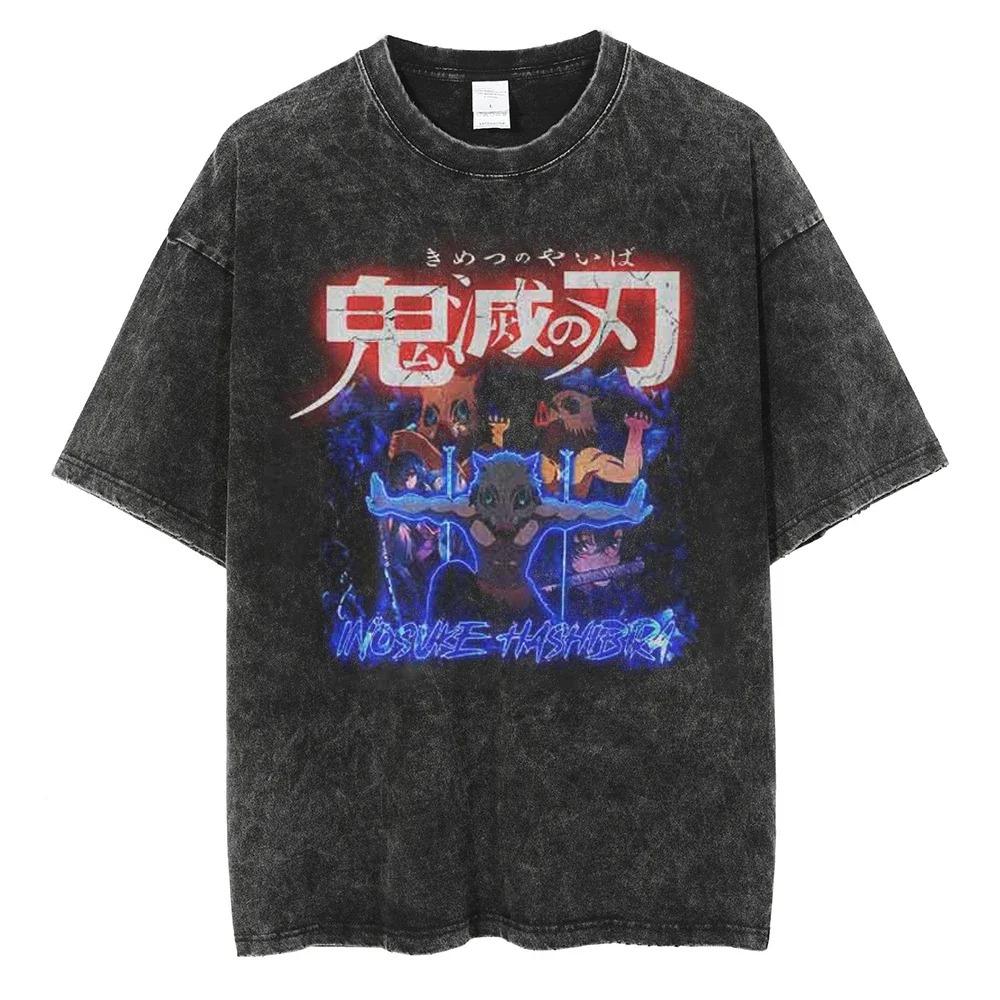 Oversized Acid-Wash Vintage Short-Sleeve T-Shirt Featuring Demon Slayer: Kimetsu no Yaiba Yoriichi Tsugikuni vs Muzan Kibutsuji Dark Battle Graphic