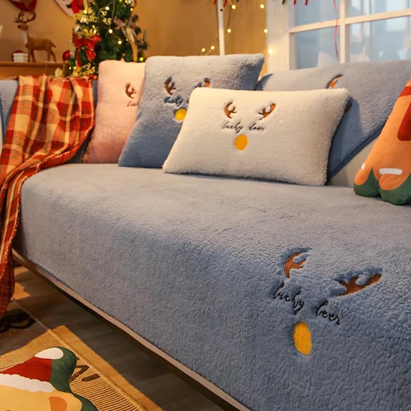 Thicken Short Plush Sofa Cover Winter Warm Non Slip Sofa Towel Washable Couch Cushiom Slipcovers Living Room Elk Christmas Decor