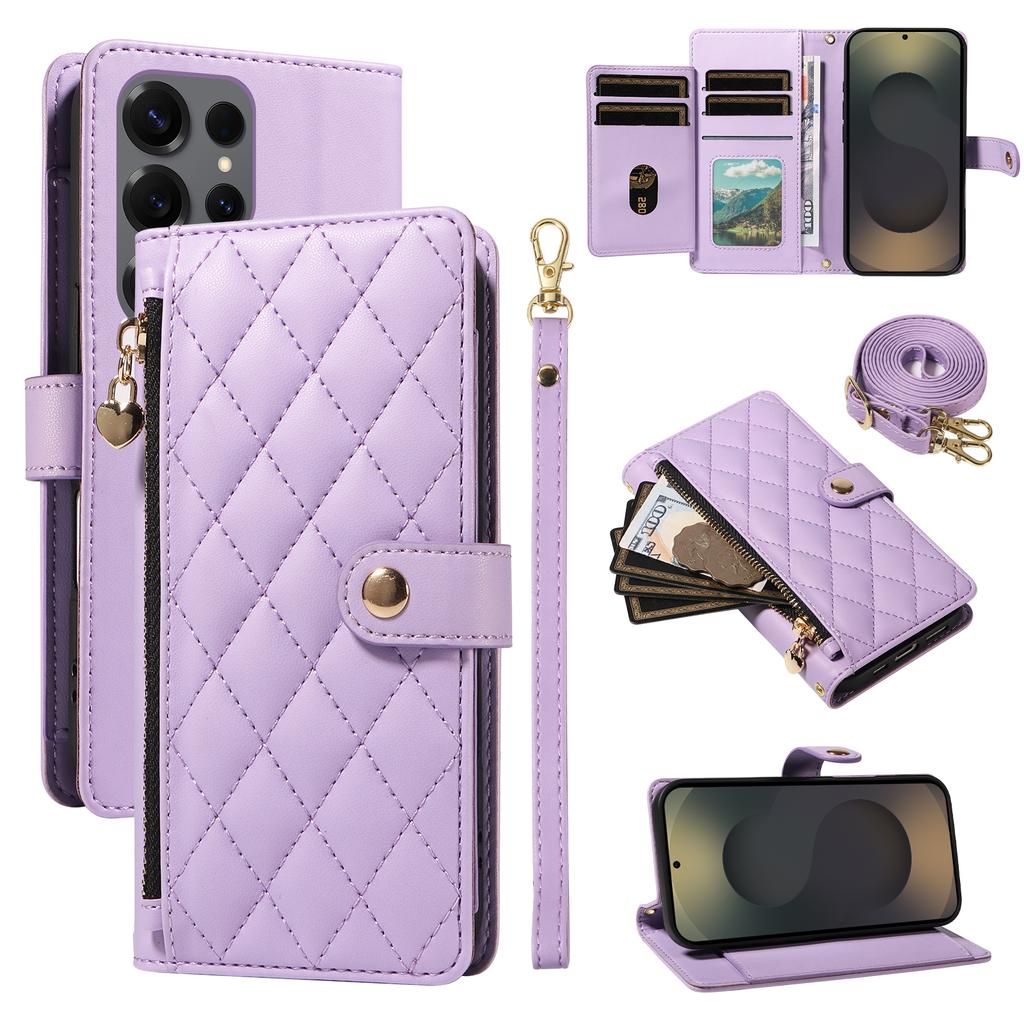 For Samsung Galaxy S25 Ultra Wallet Case with Straps,Rhombus Leather Stand Phone Cover