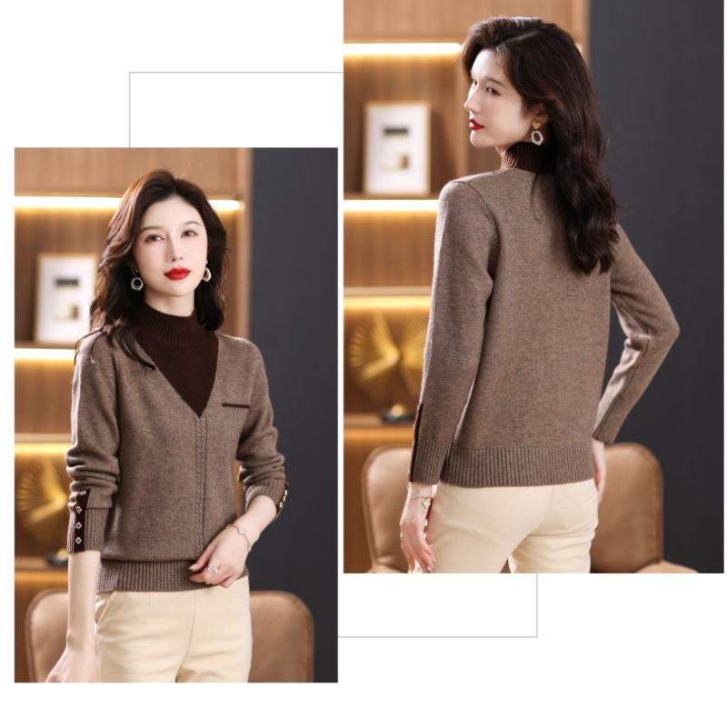 Women Vintage Splicing Panelled Sweaters Autumn Winter Fashion Mock Neck Long Sleeve Casual Slim Knitted Pullovers
