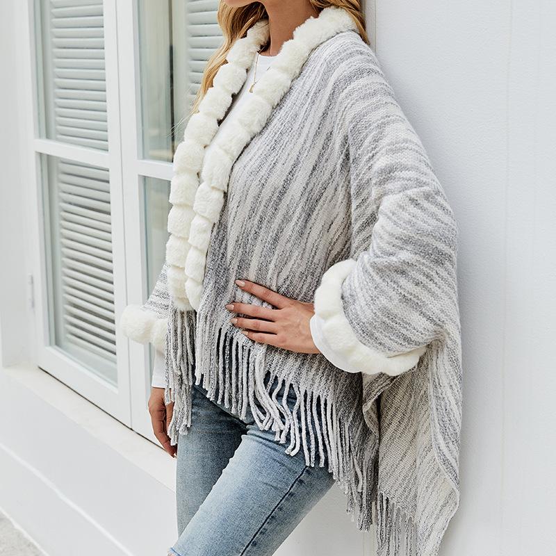 Warm Fur Collar Knitted Shawl Cardigan Cape Shawl Polyester Plus Size Women'S Shawl