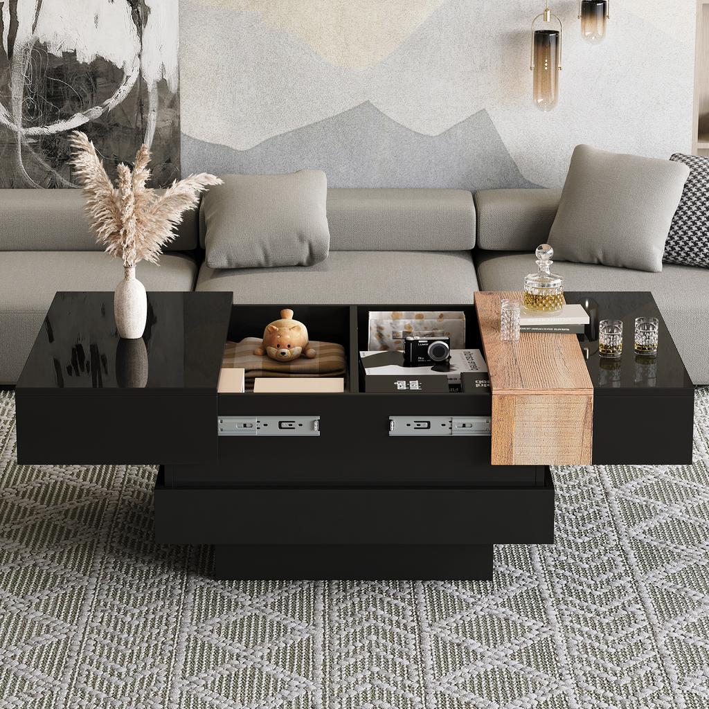 Tavolino Quadrato per Soggiorno 70*70*39cm, Tavolino da Caffè Estensibile con Contenitore Nascosto, Tavolino da Tè con Design Color Block, Tavolino Laterale ad Alta Lucentezza, Nero, MDF
