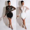 Women's Rhinestone Mesh See-through Long Sleeve Irregular Dress - Summer Collection