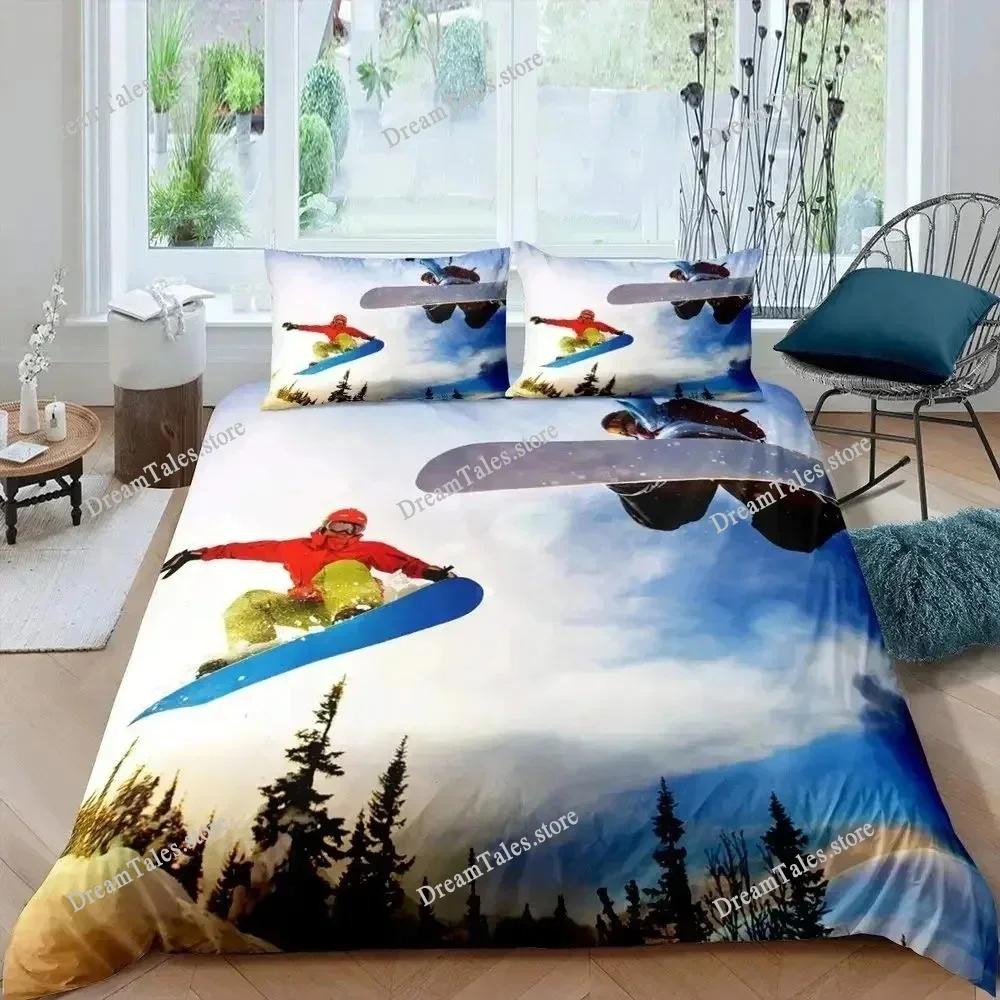 Bettwäsche-Set Ski Sport Vollgröße Wintersport Skifahren Bettwäsche-Sets Schneebedeckte Berglandschaft Deckenbezug für Jungen Mädchen963
