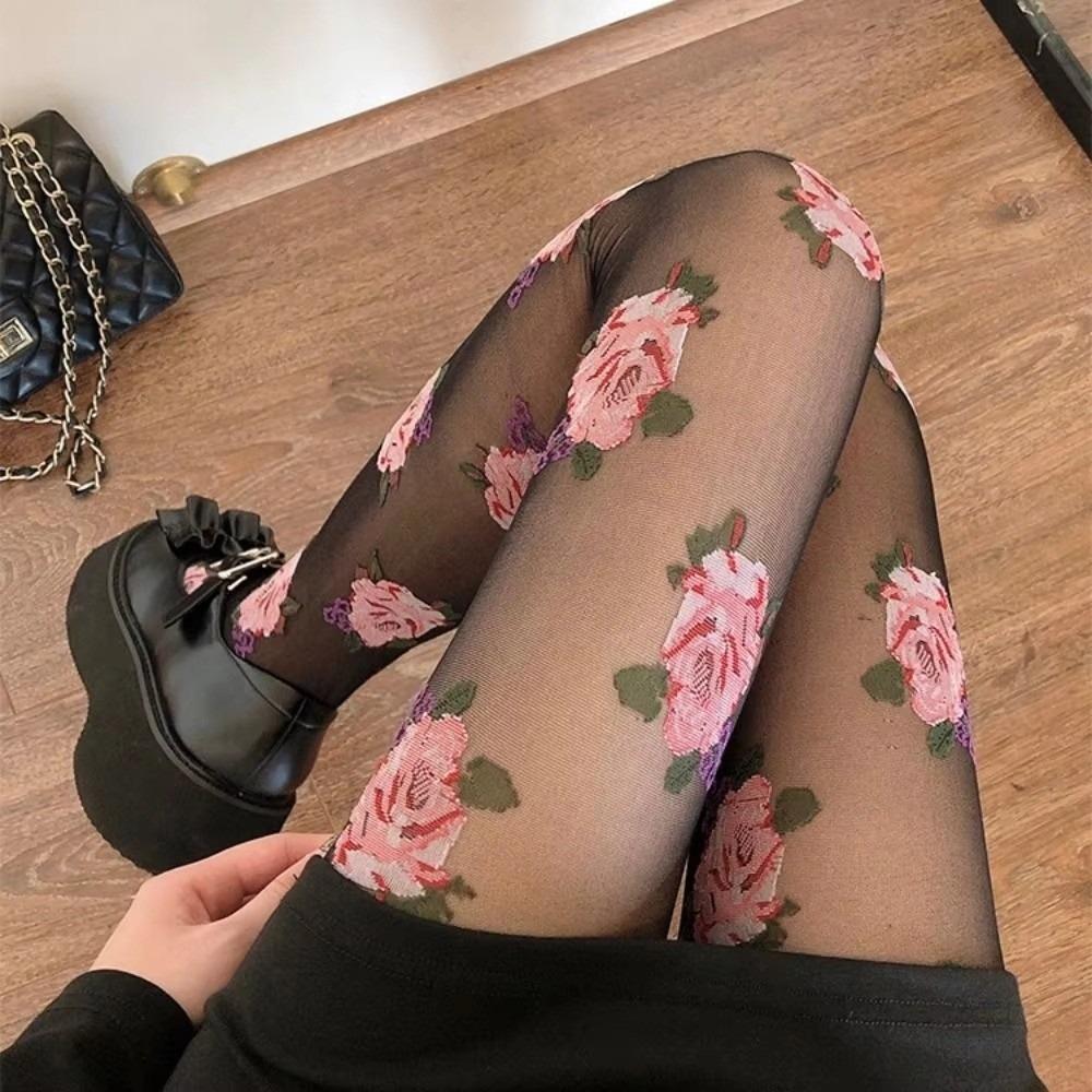 Semi Sheer Rose Print Stockings High Waist Pantyhose Floral Mesh Tights Women Daily Wear чёрный