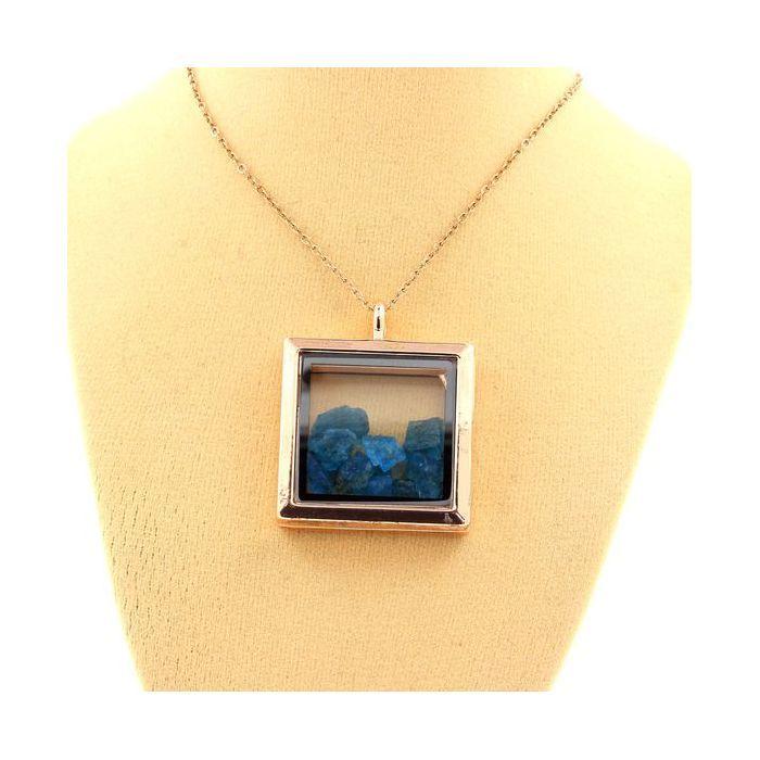Stones and Minerals. Raw Neon Blue Apatite Necklace. Square Model. Color Rose Gold.