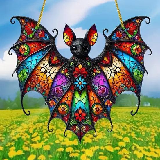 Halloween Colorful Bat Hanging Decoration Stained Glass 2D Flat Acrylic