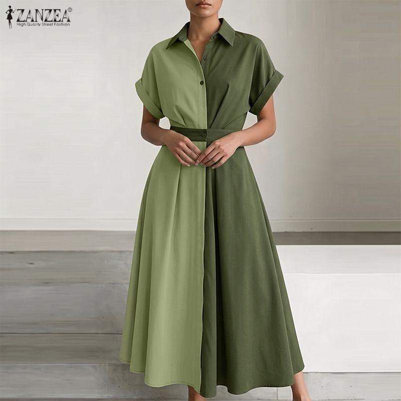 ZANZEA Womens Casual Turn Down Collar Polka Dot Print Short Sleeve Dress