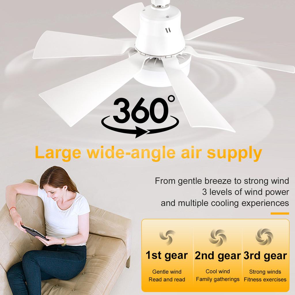 Socket Fan Light with Remote Screw in Ceiling Fan in Light Socket 3 Speeds Dimmable with Extender & 6 Blades for Bedroom