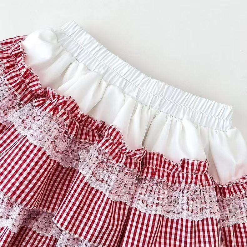 Petite Lace Patchwork Plaid Puff A-line Mini Skirt for Spring/Summer