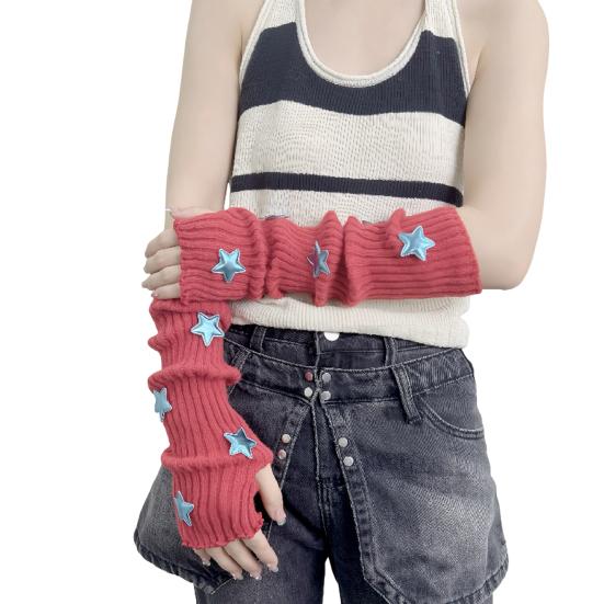 Knitted Arm Warmers Girls Fingerless Long Wrist Gloves Winter Star Arm Sleeves with Thumb Hole for Women Street Wear Parties