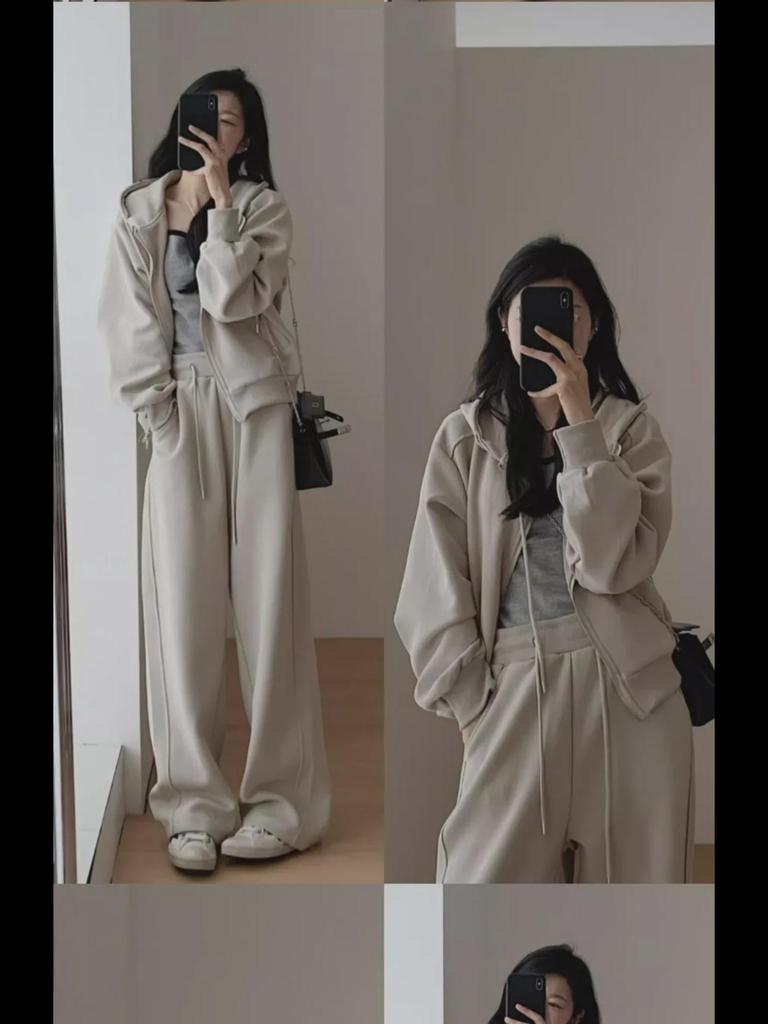 Women's Hong Kong Style Slimming Sweater Sports Suit with Wide-Leg Pants and Hooded Jacket