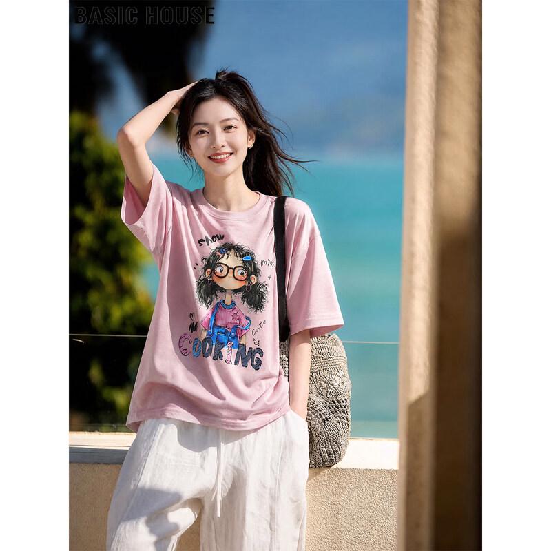 Basic House Women s Printed Round Neck Short Sleeve T-Shirt One Size порошок синий