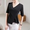 Women's Asymmetrical Waist-Cinching V-Neck Top - Chinese Style, Mid-Sleeve, Slimming Solid Color
