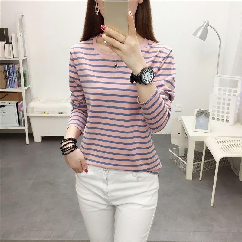 Damen Oversized Baumwolle Langarm T-Shirt Koreanischer Stil Locker Lässig Gestreift Bequem Oberteile