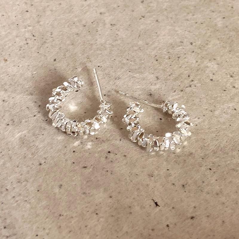 Geometric C-Shape Beads Beaded Stud Hoop Earrings for Women 925 Sterling Silver Jewelry серебряный