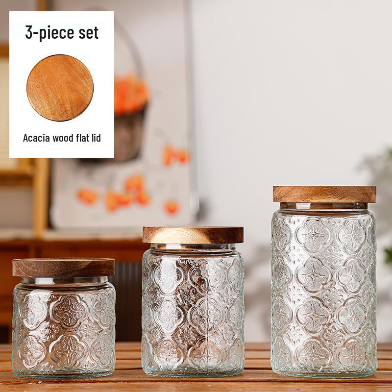 Retro Carved Storage Jar with Acacia Wood Lid for Grains, Dried Fruits, and Snacks