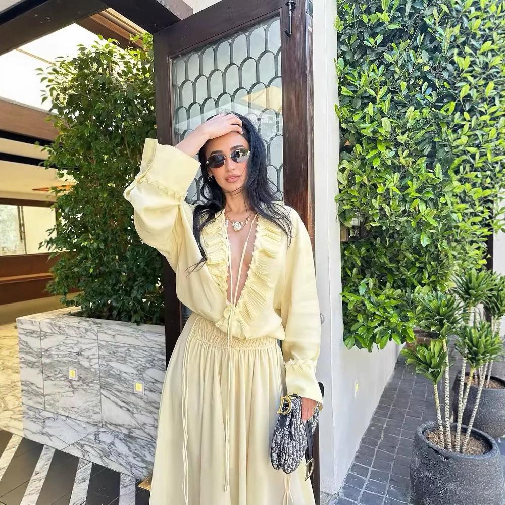 Europäische und amerikanische Damenmode: 2025 Frühling Französisches Rüschen Langarm Oberteil und Midi-Rock Set