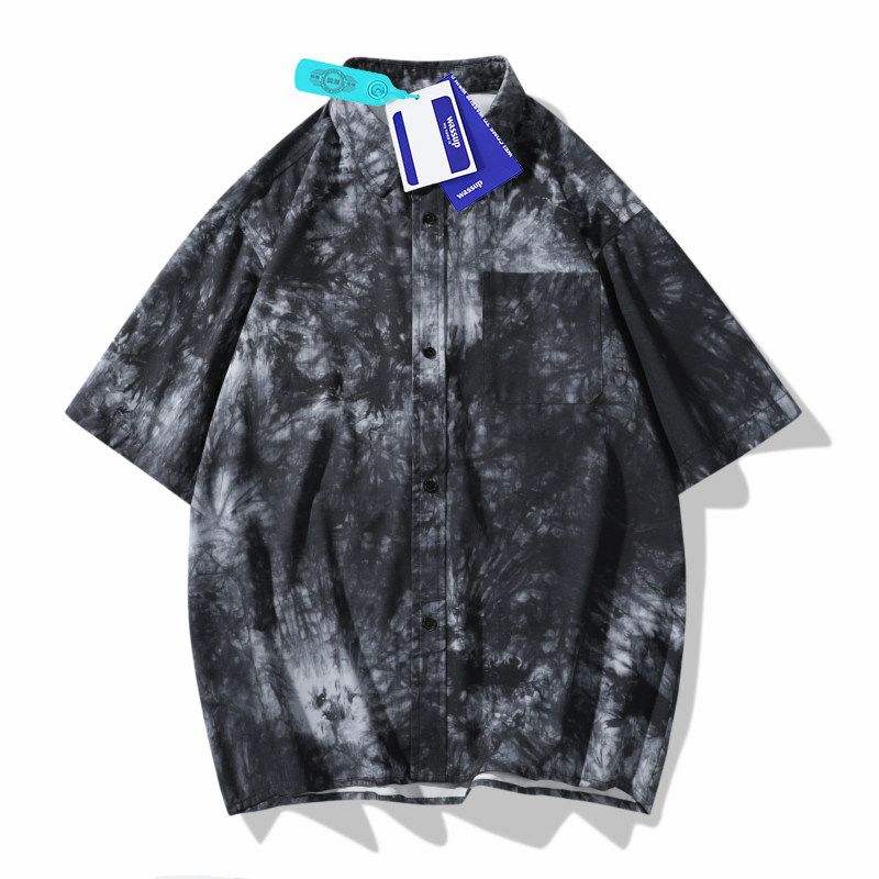 Wassup New Summer Short-Sleeved Shirt, Unisex, Ink Tie-Dye, Loose Design, Niche Hong Kong Style Shirt