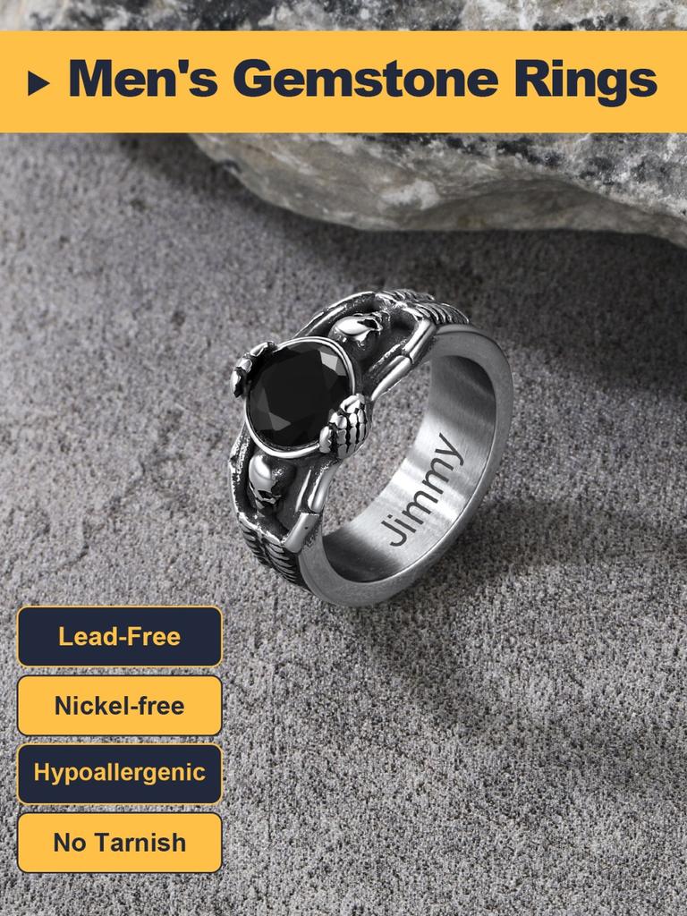 Stainless Steel Double Side Skeleton Holding Up Black Stone Skull Rings for Man Retro Gothic Punk Cool Jewelry Gift for Him