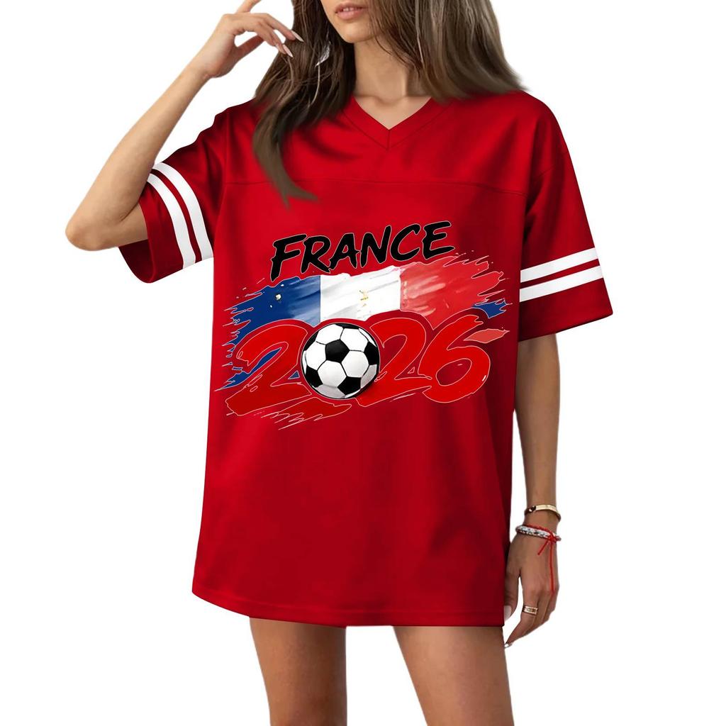 Women V Neck Casual Short Sleeve Sports T Shirt 2026 France Flag Print Loose Fit Football Jersey Top for Everyday Wear