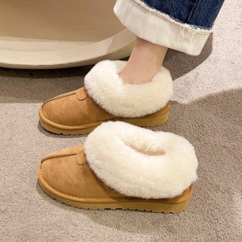 

Winter new thickened velvet shallow-mouth snow boots women s casual one-pedal non-slip soft-soled home fluffy cotton shoes 35