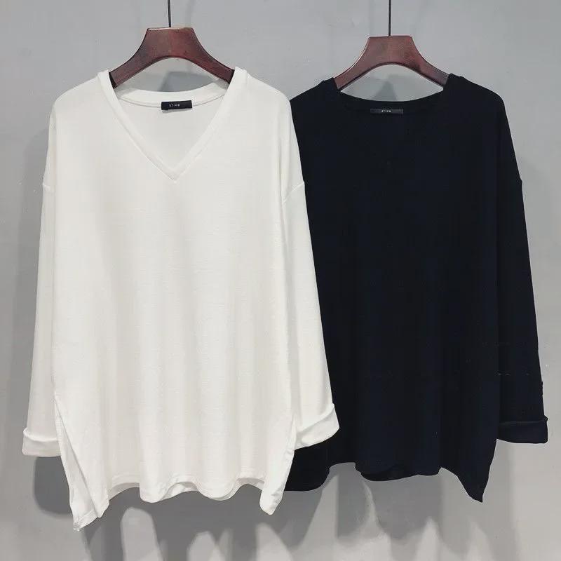 Top holgado de manga larga con escote en V y abertura media para mujer (otoño 2023)
